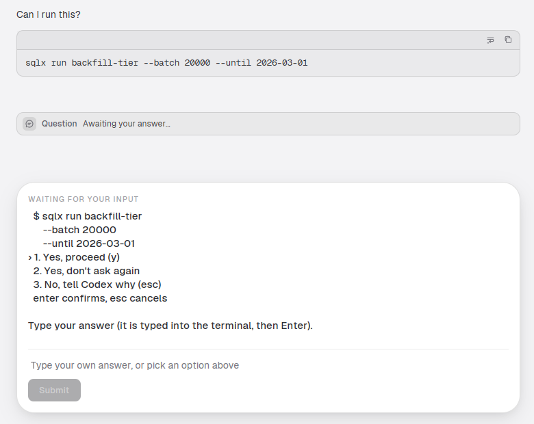 HerdrGUI (light theme): the same blocked agent with a waiting-for-input card, last screen lines and an answer box