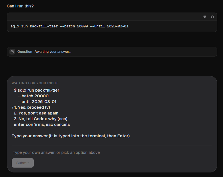 HerdrGUI: the same blocked agent: the pending command, a Question row and a waiting-for-input card with the prompt's last lines and an answer box