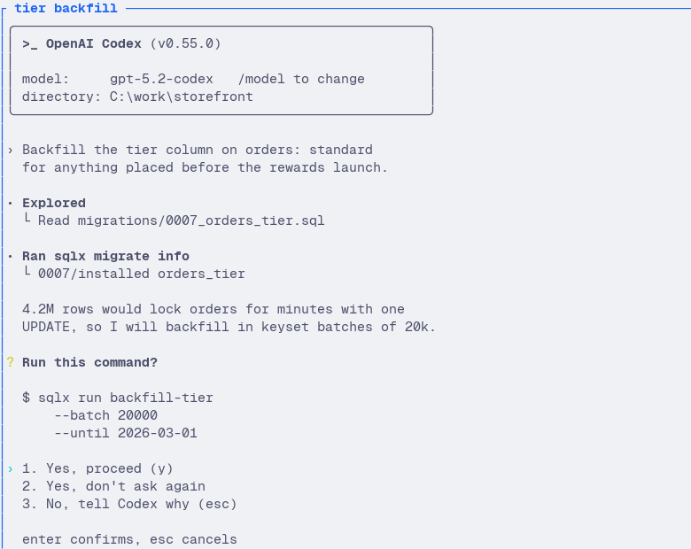 Herdr TUI: the blocked agent's approval prompt as plain terminal text