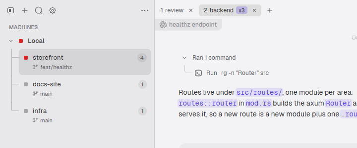 HerdrGUI (light theme): the same reorder — review sits first with its two panes, backend second with three