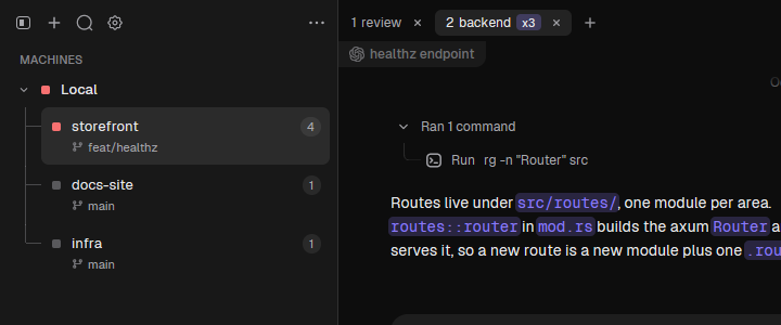 HerdrGUI: the same reorder: review first, backend second, in the title bar's tab strip