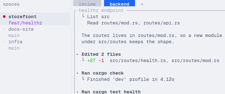 Herdr TUI: the tab strip after moving the review tab in front of backend