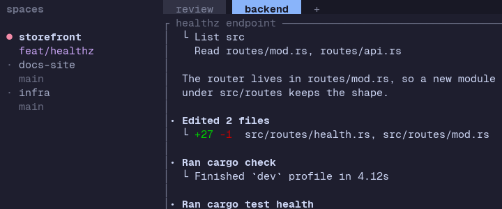 Herdr TUI: the tab strip after moving the review tab in front of backend