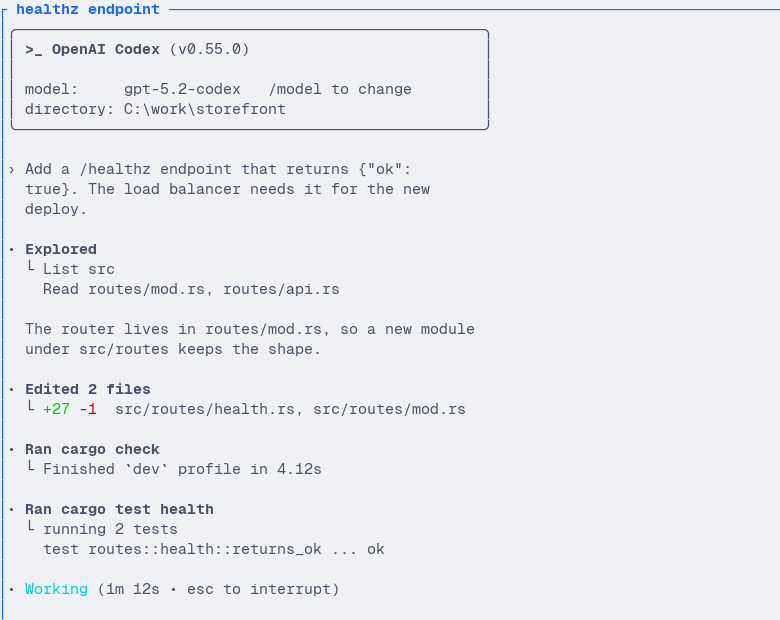 Herdr TUI: the agent pane as the raw terminal screen of the /healthz task, still working