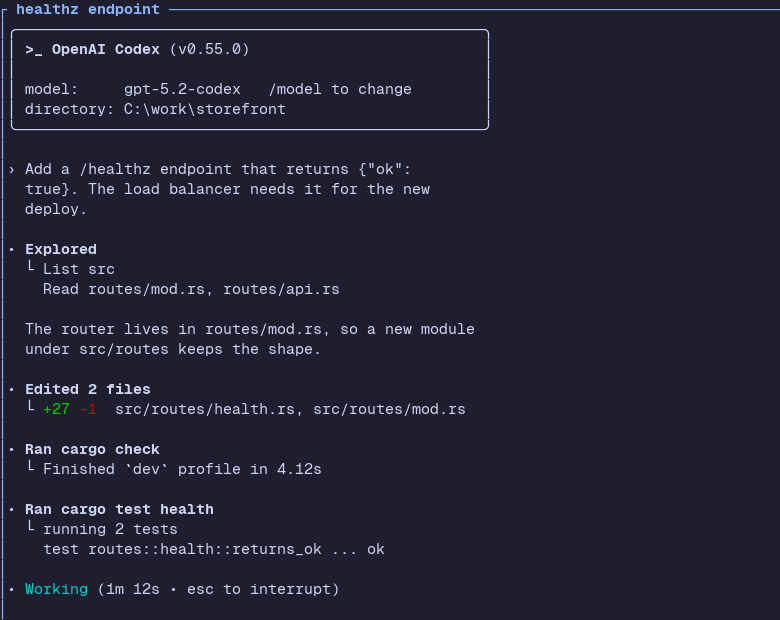 Herdr TUI: the agent pane as the raw terminal screen of the /healthz task, still working