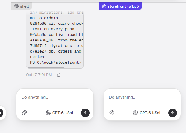 HerdrGUI (light theme): the same split, the fresh pane drawn at once with its own composer