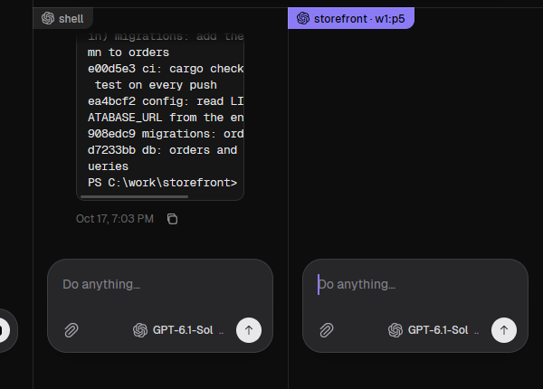 HerdrGUI: the same split, the fresh pane drawn at once with its own composer