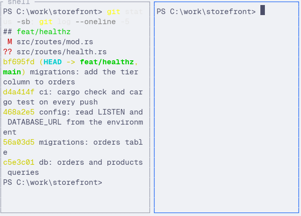 Herdr TUI: the shell pane split in two, the new empty pane on the right