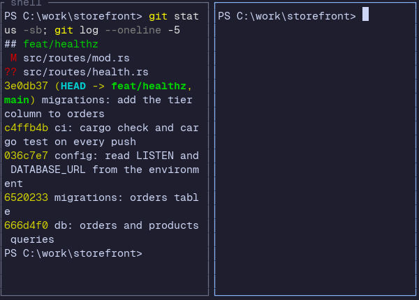 Herdr TUI: the shell pane split in two, the new empty pane on the right