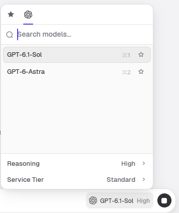 The model picker open in the composer: model list, reasoning level and service tier