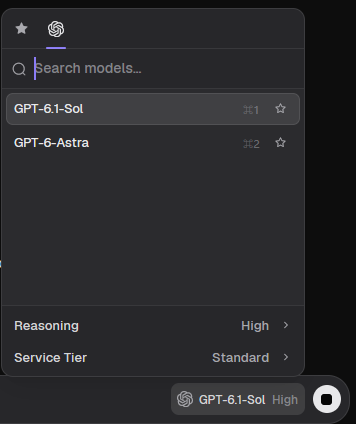 The model picker open in the composer: model list, reasoning level and service tier