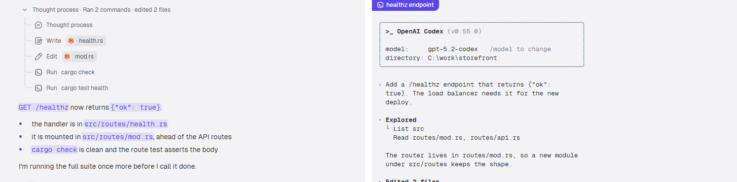 The same pane twice: conversation view on the left, the real terminal on the right