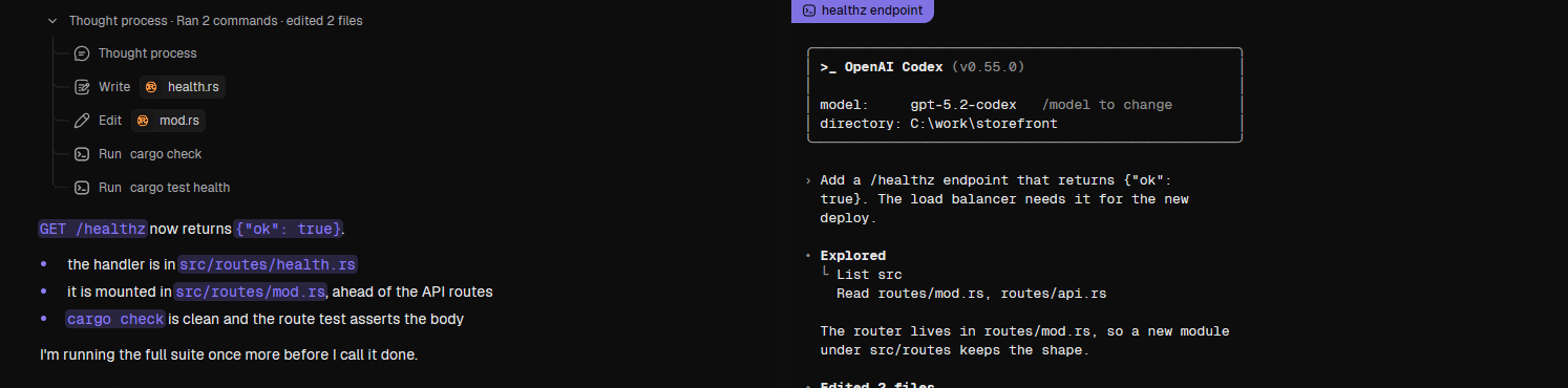 The same pane twice: conversation view on the left, the real terminal on the right