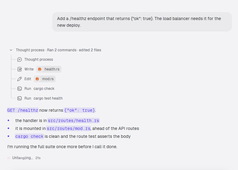 Transcript close-up: user message card, thought process, file edits and the agent's reply rendered as a conversation