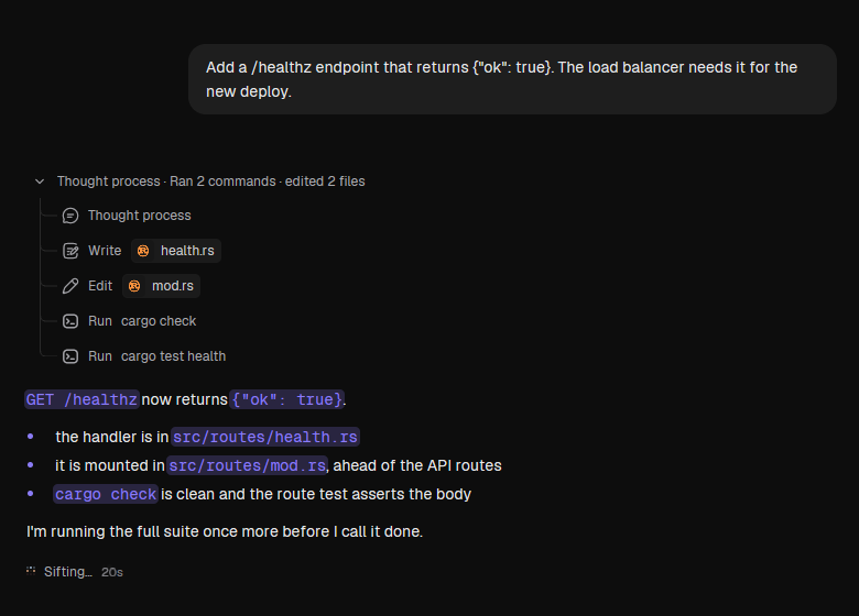 Transcript close-up: user message card, thought process, file edits and the agent's reply rendered as a conversation