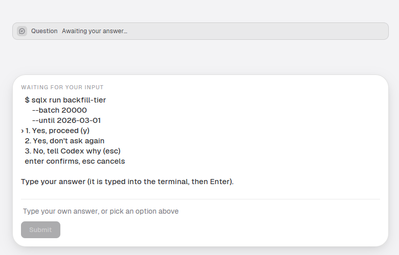 The waiting-for-you card: the blocked agent's question, its last screen lines, and an answer box