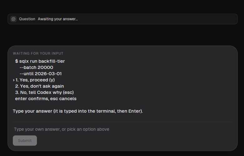 The waiting-for-you card: the blocked agent's question, its last screen lines, and an answer box