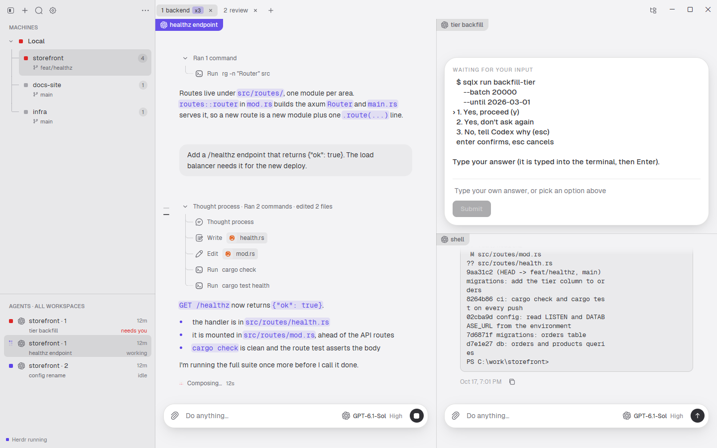HerdrGUI (light theme) on a demo Herdr session: two workspaces in the sidebar, a finished agent transcript on the left, a blocked agent's waiting card in the middle and a terminal pane on the right