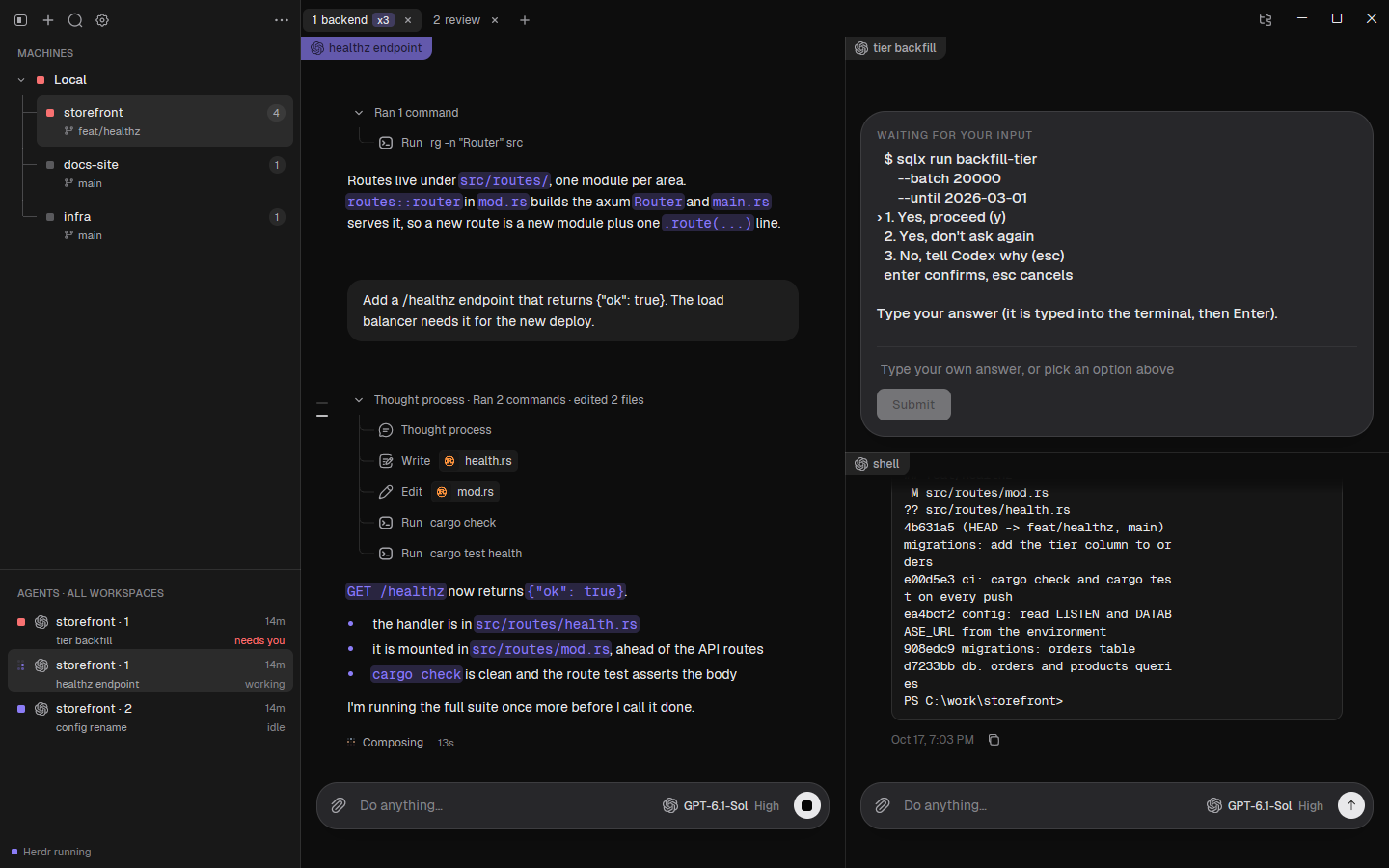 HerdrGUI on a demo Herdr session: two workspaces in the sidebar, a finished agent transcript on the left, a blocked agent's waiting card in the middle and a terminal pane on the right